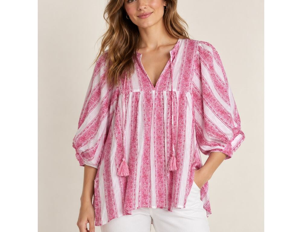Mille Charlie Blouse in Pink Block Print Stripes Sz. XS